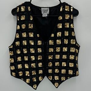 Sweet Sue 100% Silk Gold Sequin Vest Large Disco Glam Rock Party Wear Metallic